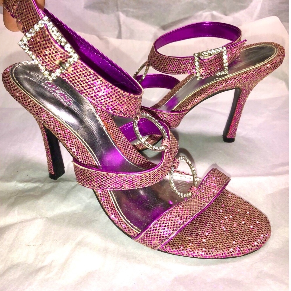 Vtg Y2K SPLASH Violet Purple Hologram Sparkle Strappy 4" Party Heels Open Toe